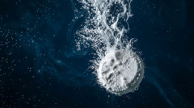 White effervescent tablet dissolving in dark blue water with carbonated bubbles and fizzing action