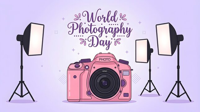 World photography day illustration with dslr camera and studio lighting equipment