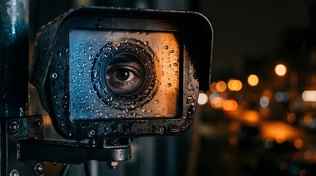 Surveillance camera with human eye reflection urban security technology nighttime cityscape