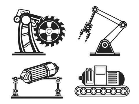 Four distinct black vector illustrations of a conveyor belt system, industrial robotic arm, electric motor, and gear transmission unit. Pure white background, consistent line weight, clear silhouettes