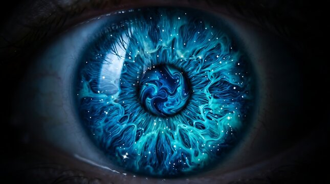 Macro Close Up of Human Eye Iris Featuring Glowing Abstract Nebula Galaxy Pattern and Cosmic Starlight Texture Design