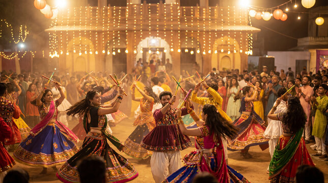 Crowd performing traditional garba dance with colorful sticks during illuminated festival, showing Indian culture, joyful celebration, community energy, folk performance, Commercial