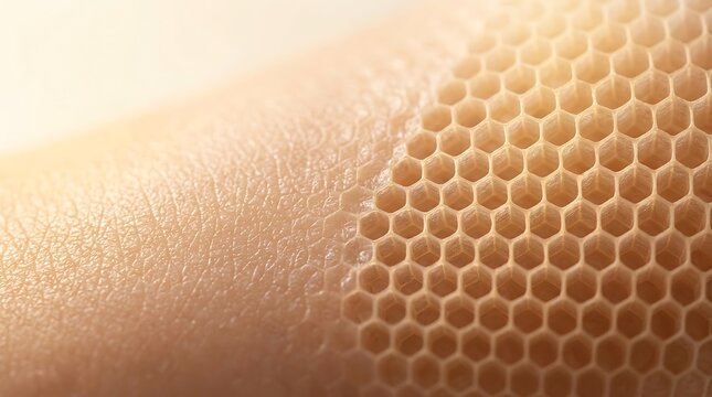 Close-up macro view of a human skin texture merging into a honeycomb pattern, symbolizing biology and nature