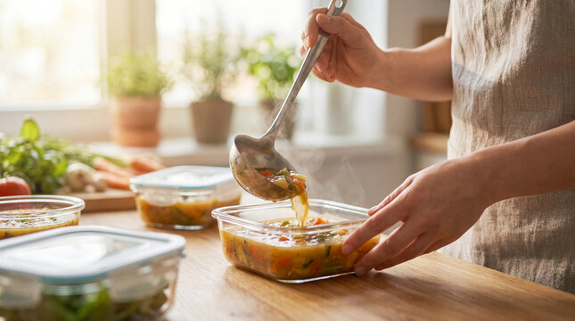 Person portioning hot vegetable soup into glass containers, showing healthy meal prep, organized cooking, weekly planning, homemade food, practical nutrition, time saving routine, Commercial