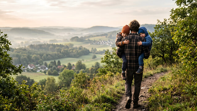 Father carrying two young children on a scenic hiking trail, enjoying the vast natural landscape and family adventure