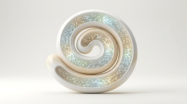 Abstract 3D white spiral sculpture with sparkling iridescent glitter texture on clean studio background