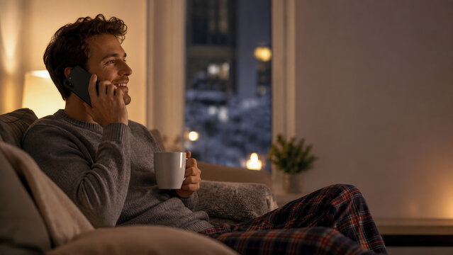 Relaxed young man sitting on comfortable sofa at night, smiling while talking on his mobile phone and holding warm mug of coffee in cozy dimly lit home interior setting.