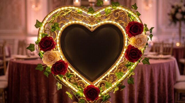 Elegant heart shaped frame decorated with roses with exuding warmth intimacy