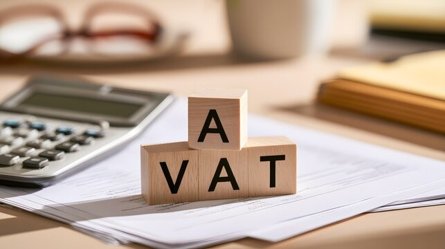 business finance concept showing VAT letter blocks on accounting paperwork beside calculator and office accessories clean composition realistic corporate photography