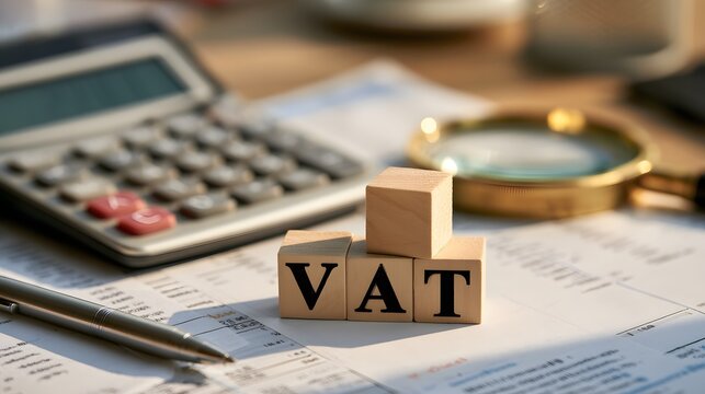 professional tax calculation workspace featuring calculator financial reports wooden VAT blocks pen and magnifying glass accounting concept realistic commercial stock photography