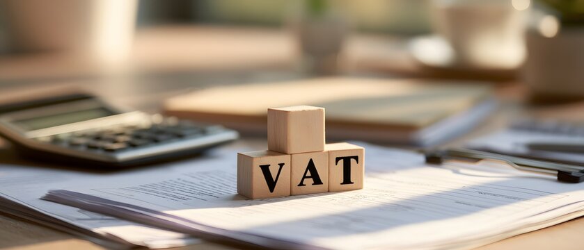 financial compliance concept with VAT wooden blocks on invoice paperwork calculator office supplies and soft natural lighting premium business stock image