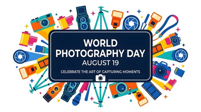 World photography day illustration with vintage and modern cameras august 19th celebration