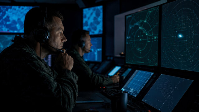 Military personnel monitoring advanced radar systems in high-tech command center at night, ensuring national security and defense through constant surveillance and communication.