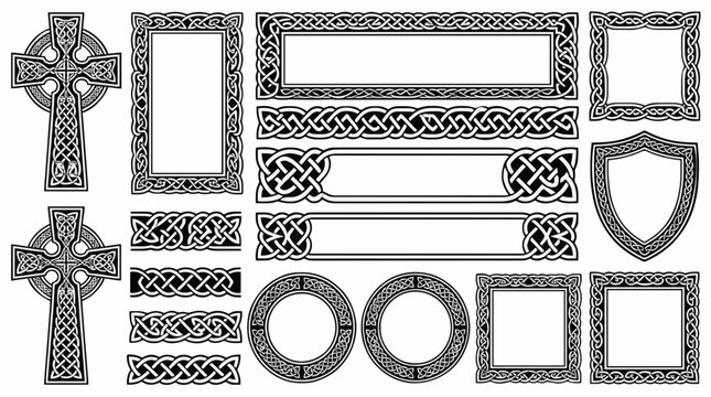 Comprehensive set of black and white Celtic knotwork borders, interlace frames, shields, banners, and ceremonial crosses isolated on white background.