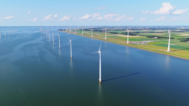 Aerial drone view of offshore and onshore wind turbines. Sustainable green power station for clean electricity production on land and sea.