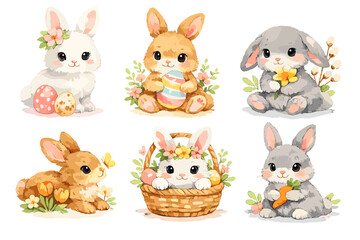 Fototapeta premium Charming Cartoon Bunnies in Various Poses Surrounded by Colorful Flowers and Easter Eggs