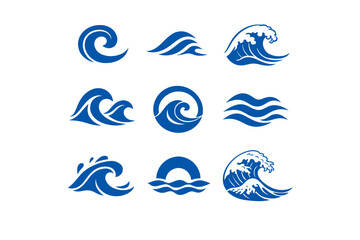 Fototapeta premium Collection of Blue Wave Illustrations Representing Various Ocean Movements and Styles