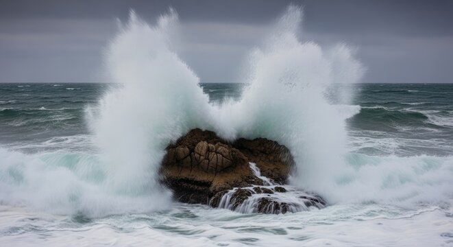 Powerful Ocean Waves Crashing Over Rock Formation During Stormy Weather.