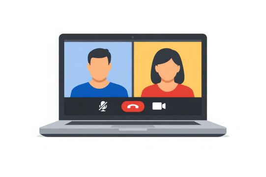 Laptop screen showing an online video call between two people, featuring mute microphone, end call, and video camera control icons for remote communication and virtual connections