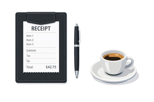 Presenting a restaurant bill with a total cost, a pen, and a cup of coffee, symbolizing transaction finalization, payment processing, and business spending