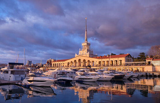 The Marine Terminal building of Sochi sea port at sunset. Sochi. Krasnodar Krai, Russia