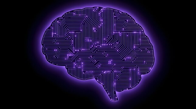 Glowing purple circuit board brain on a black background. Futuristic artificial intelligence concept representing machine learning, neural networks, and digital computing technology