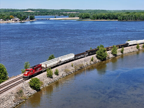Savanna, Illinois May 14, 2026 Canadian Pacific 2326 Locomotive pulling freight along the Mississippi River