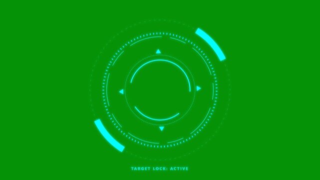 Futuristic HUD target lock interface animation with glowing neon cyan circular elements on green screen