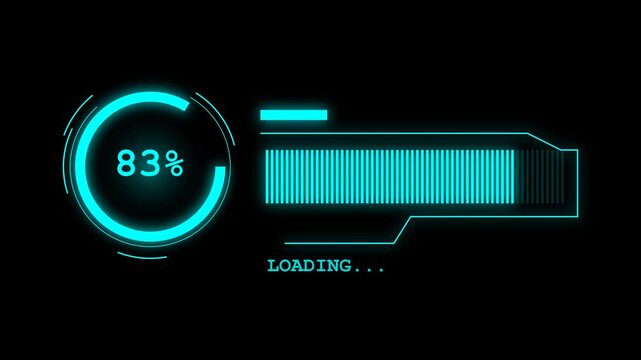 Futuristic Digital Loading Progress Bar Interface with Glowing Cyan Circular Percentage Indicator and Horizontal Data Stream Transfer Graphic