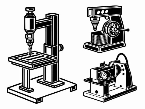 Four unique black vector designs featuring a CNC machine, bench grinder, drilling machine, and hydraulic press. Pure white background, clear technical silhouettes, precise geometry, neatly aligned 