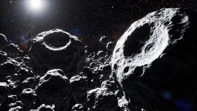 Asteroid field in deep space with craters and rocky surfaces, cinematic view of space debris and cosmic rocks floating in the galaxy
