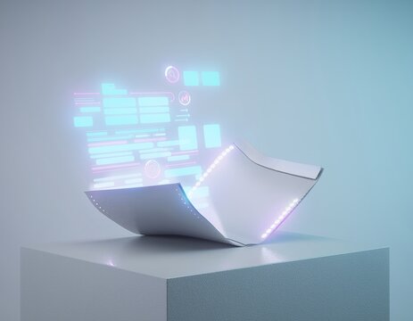 Futuristic glowing device displaying modern digital UI data on a podium evokes innovation. Ideal for hightech, virtual reality, and future display concepts, featuring nobody.