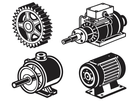 Four unique black vector designs featuring a heavy-duty gear assembly, industrial air compressor, hydraulic pump, and mechanical motor. Pure white background, bold clean silhouettes, each object clear