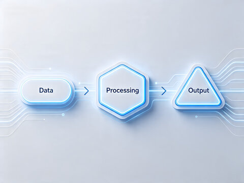 Data processing and output flowchart diagram with futuristic glowing 3D geometric interface elements and circuit lines