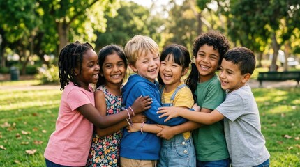 Fototapeta premium A group of diverse children are embracing each other in a park.