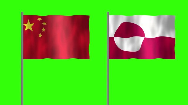 Flag of Greenland and China, Pole flag of Greenland and China on Green screen chroma key, Greenland and China flag waving.

