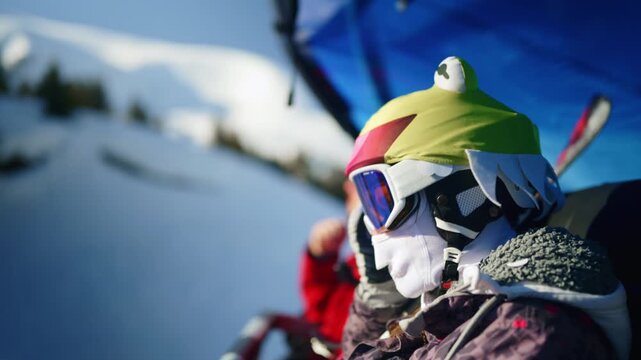 A person in ski gear and a fun hat adjusts their helmet while riding a chairlift. They look out and point at the beautiful, snowy mountain view.
