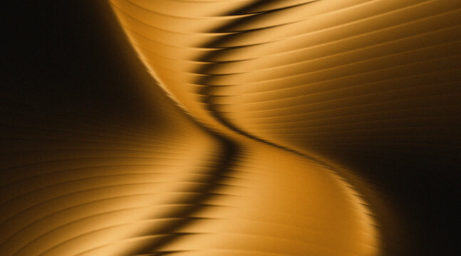 Abstract luxury gold and black gradient ribbed glass wave background with grain texture.