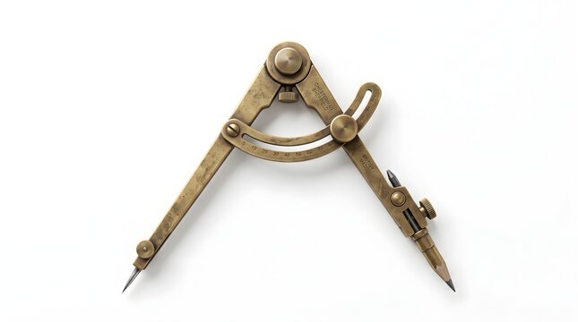 Vintage Brass Drafting Compass Isolated on White Background