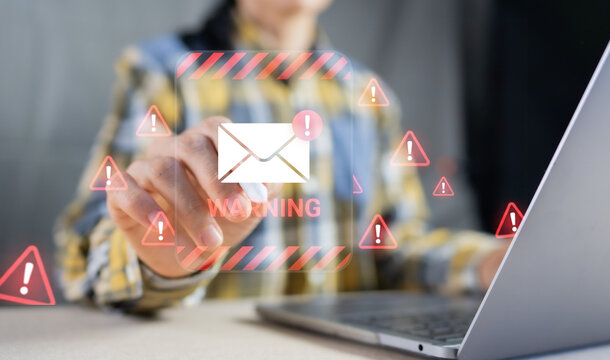 Email Phishing Alert and Cyber Security Warning Concept with Red Exclamation Mark Icons on Screen