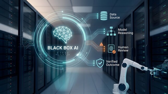 Black box artificial intelligence concept with robot arm data source model reasoning human review and verified outcome