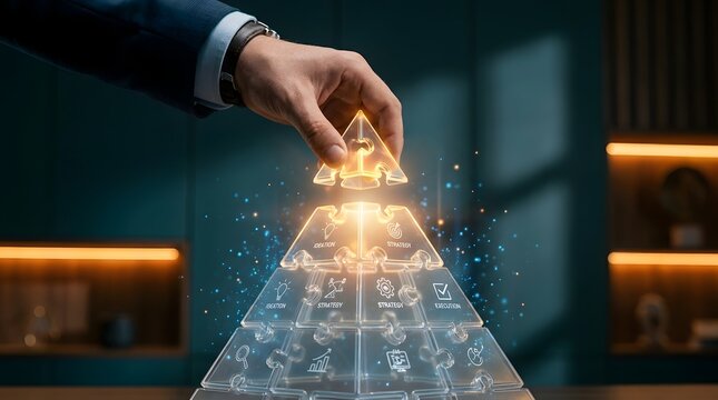 Business strategy execution pyramid puzzle completed by hand for corporate planning and management success