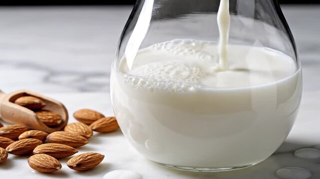 Creamy Almond Milk Pouring into Glass with Almonds on Marble Surface