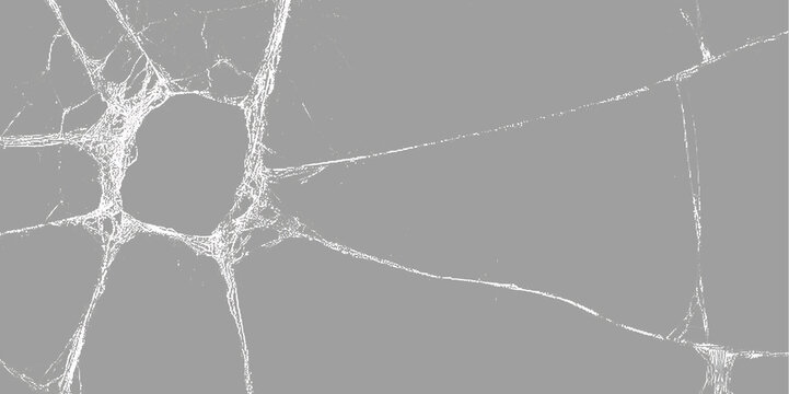Broken glass texture with hole impact and cracks. Realistic shattered glass overlay on transparent background