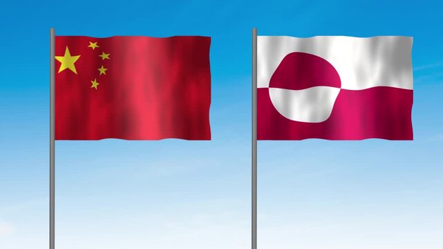 Flag of Greenland and China, Pole flag of Greenland and China on clear sky background, Greenland and China flag waving.
