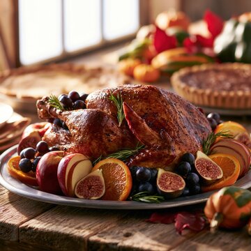 Autumn Harvest Roast Turkey Styled with Fresh Fruits Herbs and Warm Window Light Creating Cozy Seasonal Dining Atmosphere