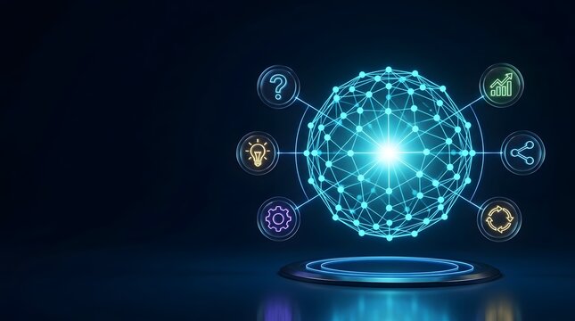 Glowing digital network sphere with business strategy and data analytics icons for global connectivity
