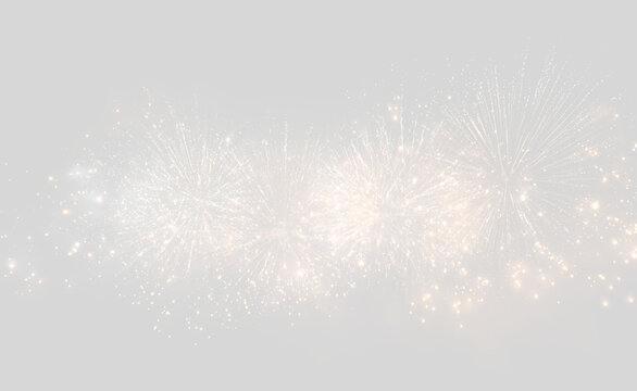 White and gold fireworks overlay effect on transparent background. Glowing sparkling pyrotechnic burst for celebration design
