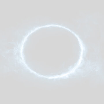 White glowing circular ring effect on transparent background. Round smoke energy portal and sparkling light frame