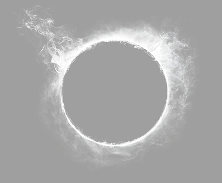 Detailed glowing white smoke ring on transparent background. Ethereal magic fire circle overlay. Swirling vapor portal frame with copy space